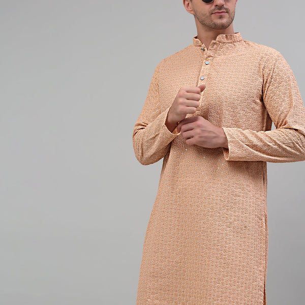 Jompers Men's Peach Chikankari Embroidered and Sequence Kurta Only - Distacart