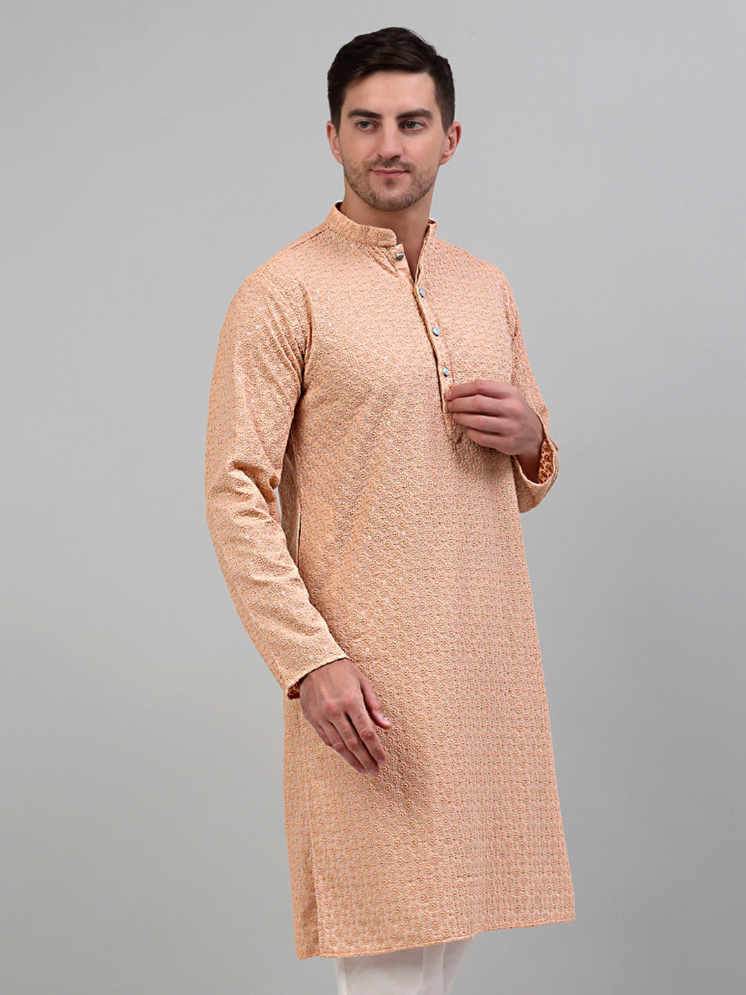 Jompers Men's Peach Chikankari Embroidered and Sequence Kurta Only - Distacart