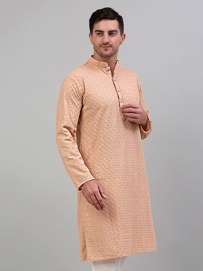 Jompers Men's Peach Chikankari Embroidered and Sequence Kurta Only - Distacart