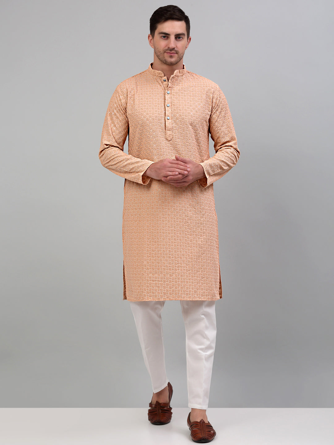 Jompers Men's Peach Chikankari Embroidered and Sequence Kurta Only - Distacart