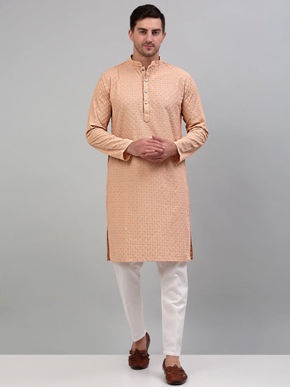 Jompers Men's Peach Chikankari Embroidered and Sequence Kurta Only - Distacart
