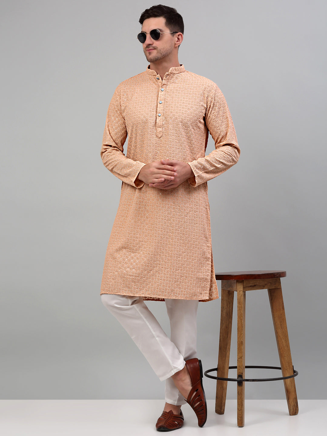 Jompers Men's Peach Chikankari Embroidered and Sequence Kurta Only - Distacart