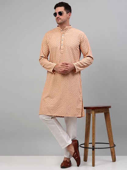 Jompers Men's Peach Chikankari Embroidered and Sequence Kurta Only - Distacart