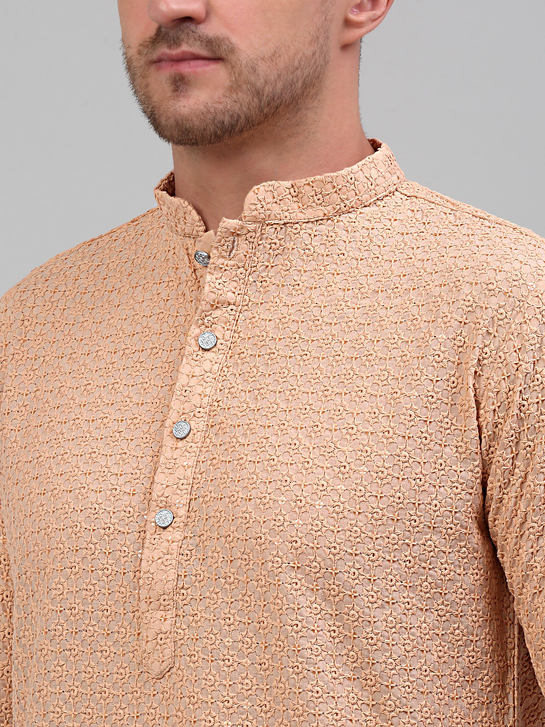 Jompers Men's Peach Chikankari Embroidered and Sequence Kurta Only - Distacart