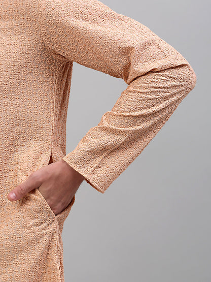 Jompers Men's Peach Chikankari Embroidered and Sequence Kurta Only - Distacart