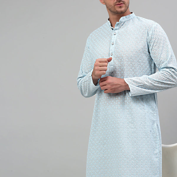 Jompers Men's Sky Blue Chikankari Embroidered and Sequence Kurta Only - Distacart