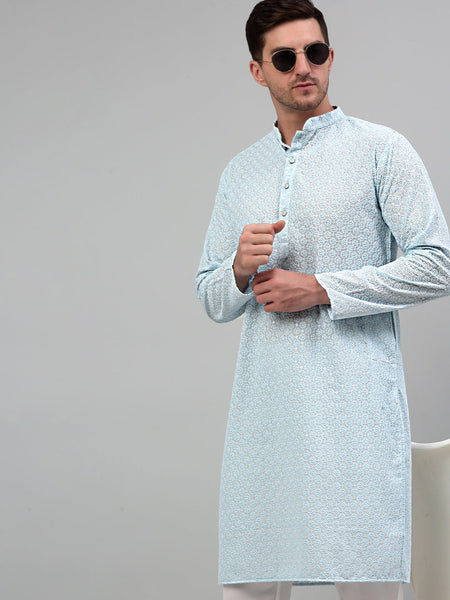 Jompers Men's Sky Blue Chikankari Embroidered and Sequence Kurta Only - Distacart