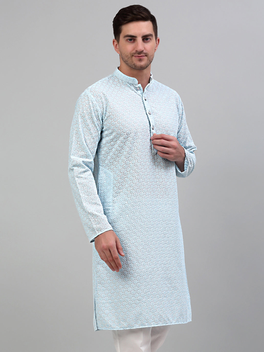 Jompers Men's Sky Blue Chikankari Embroidered and Sequence Kurta Only - Distacart