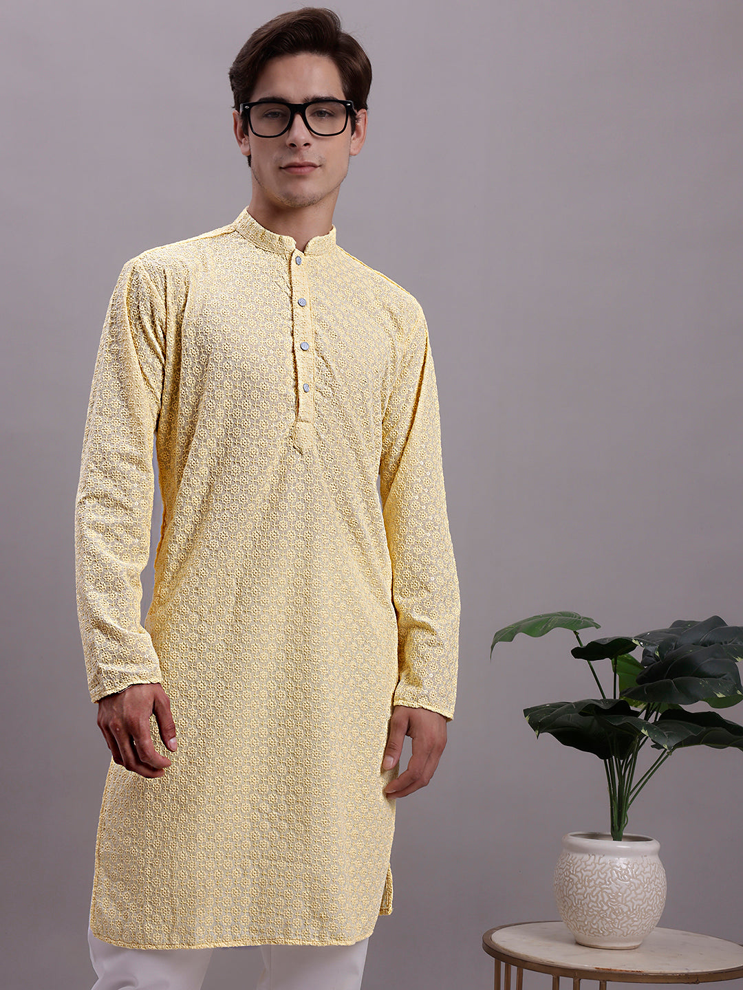 Jompers Men's Yellow Chikankari Embroidered and Sequence Kurta - Distacart