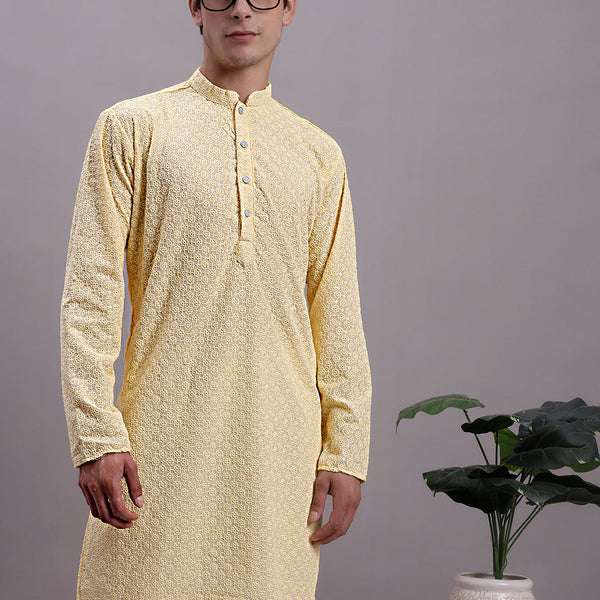 Jompers Men's Yellow Chikankari Embroidered and Sequence Kurta - Distacart