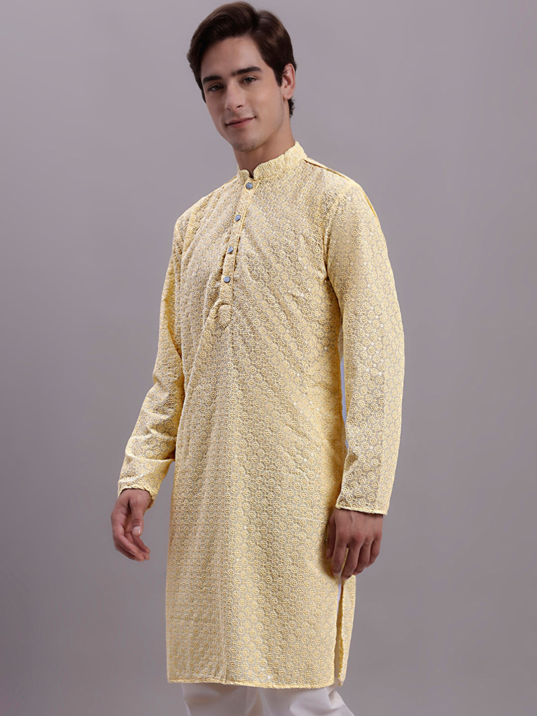 Jompers Men's Yellow Chikankari Embroidered and Sequence Kurta - Distacart