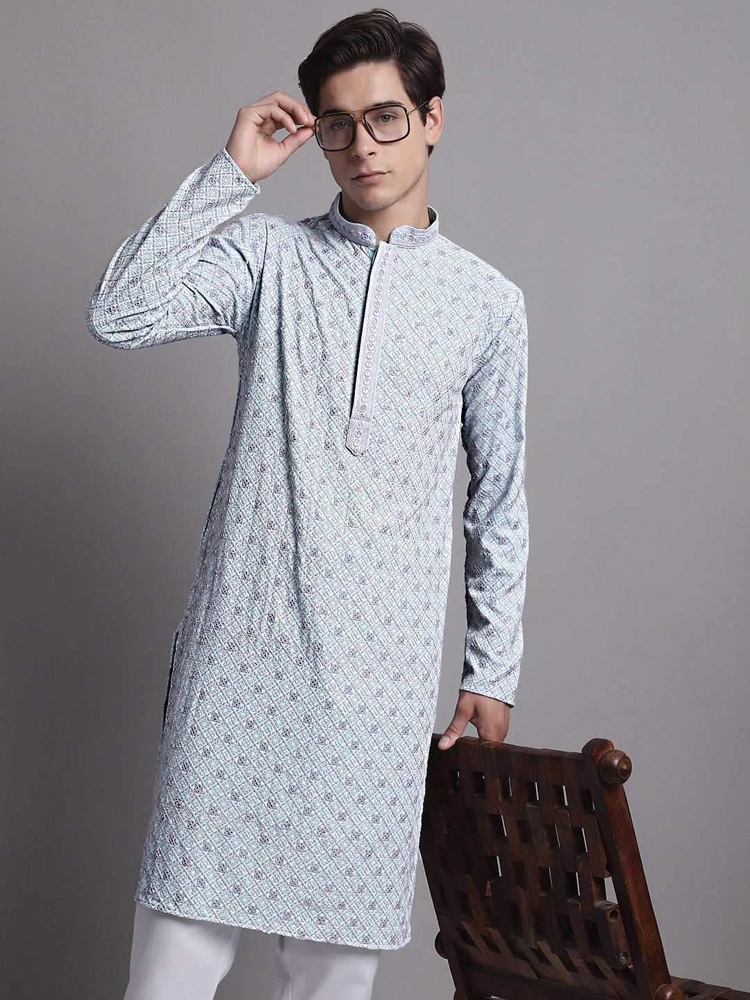 Jompers Men's Blue Chikankari Embroidered and Sequence Kurta - Distacart