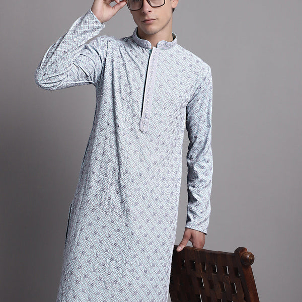 Jompers Men's Blue Chikankari Embroidered and Sequence Kurta - Distacart