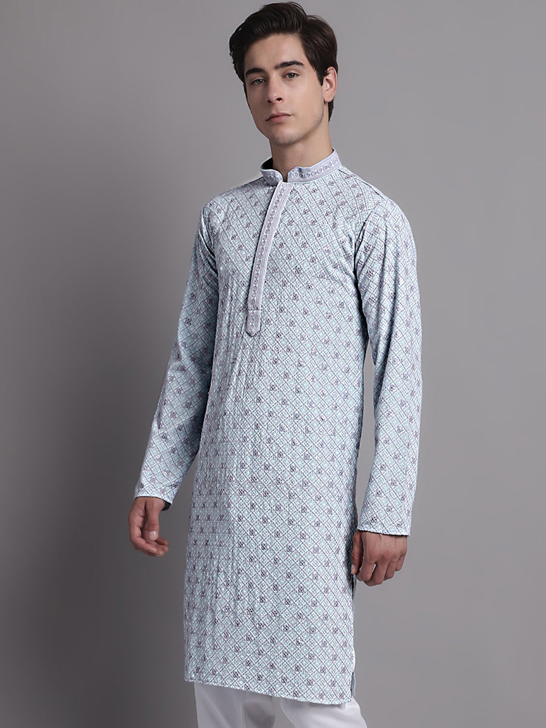 Jompers Men's Blue Chikankari Embroidered and Sequence Kurta - Distacart