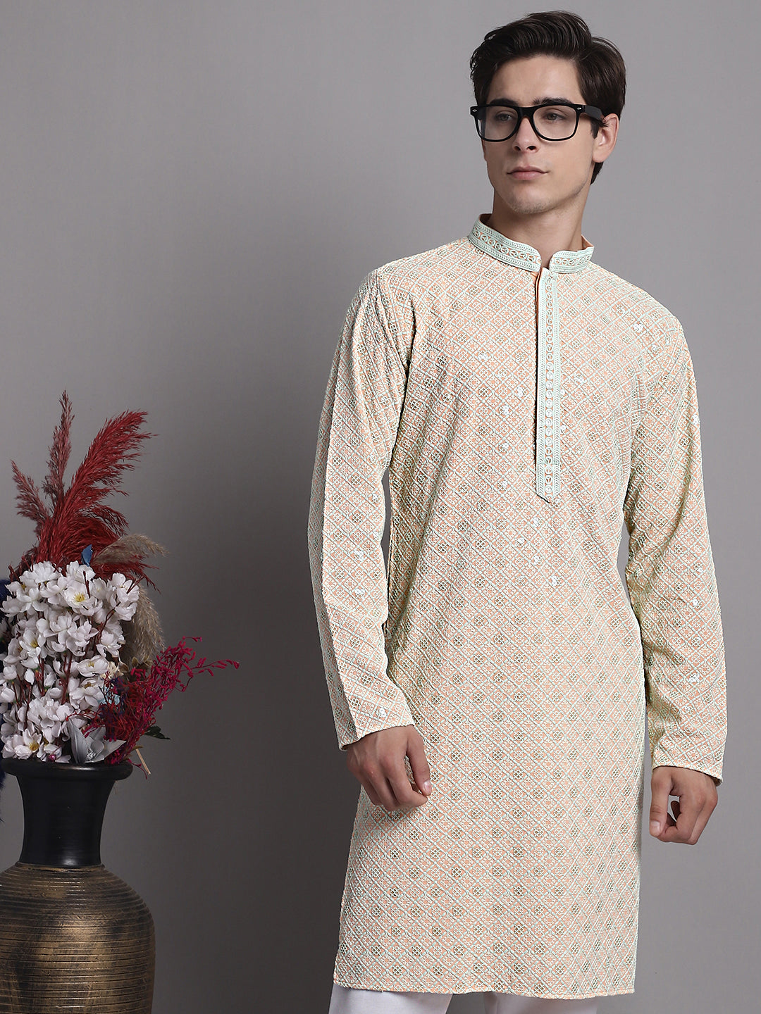Jompers Men's Peach Chikankari Embroidered and Sequence Kurta - Distacart