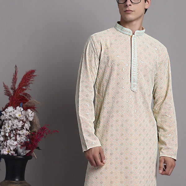 Jompers Men's Peach Chikankari Embroidered and Sequence Kurta - Distacart