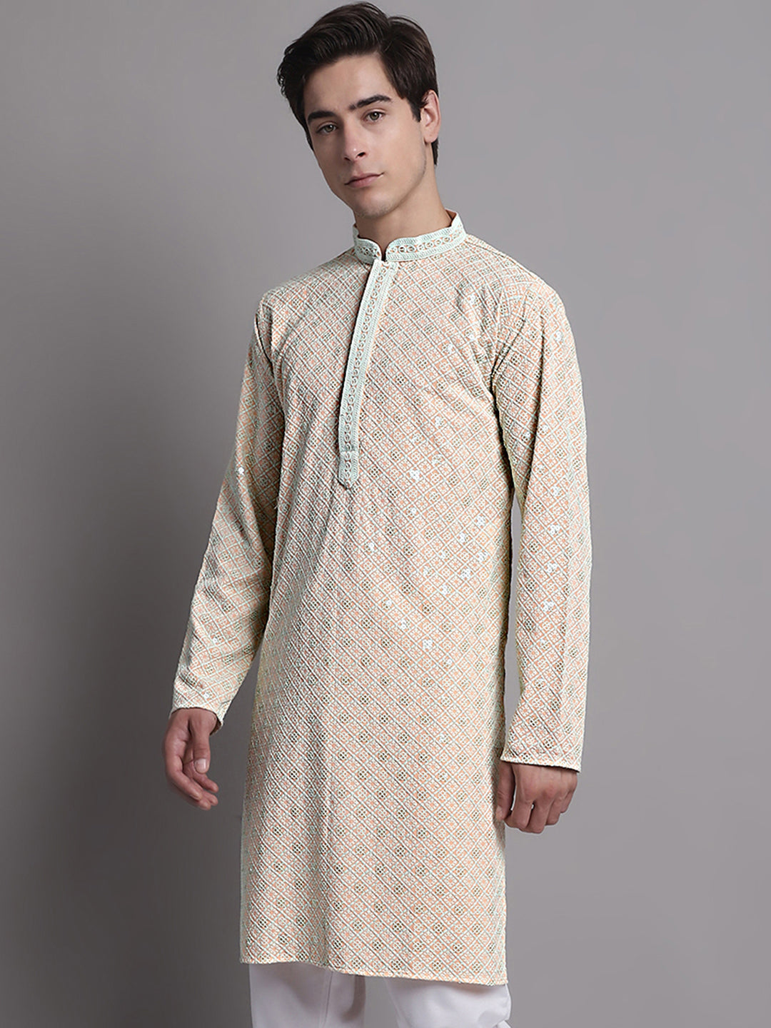 Jompers Men's Peach Chikankari Embroidered and Sequence Kurta - Distacart