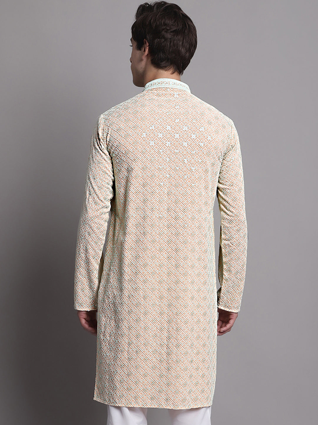 Jompers Men's Peach Chikankari Embroidered and Sequence Kurta - Distacart
