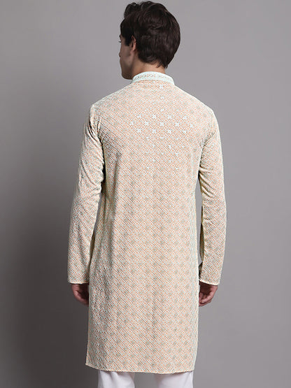 Jompers Men's Peach Chikankari Embroidered and Sequence Kurta - Distacart