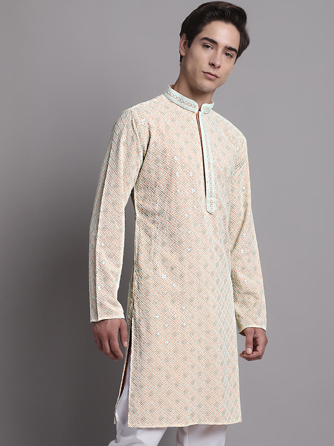 Jompers Men's Peach Chikankari Embroidered and Sequence Kurta - Distacart