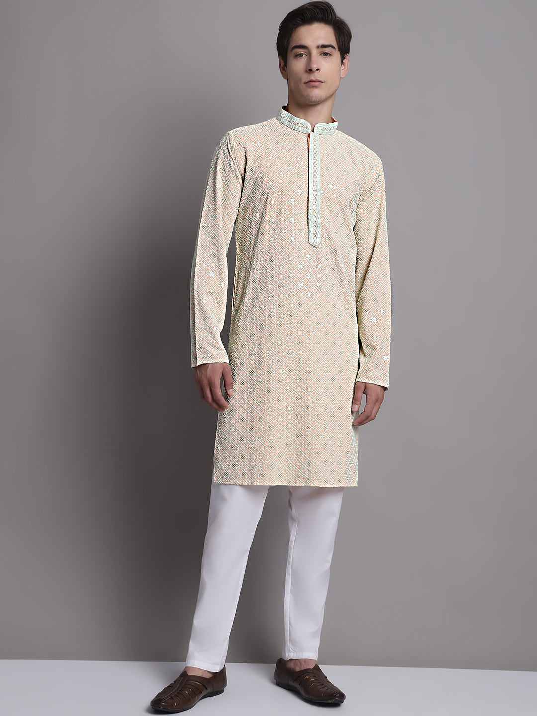 Jompers Men's Peach Chikankari Embroidered and Sequence Kurta - Distacart