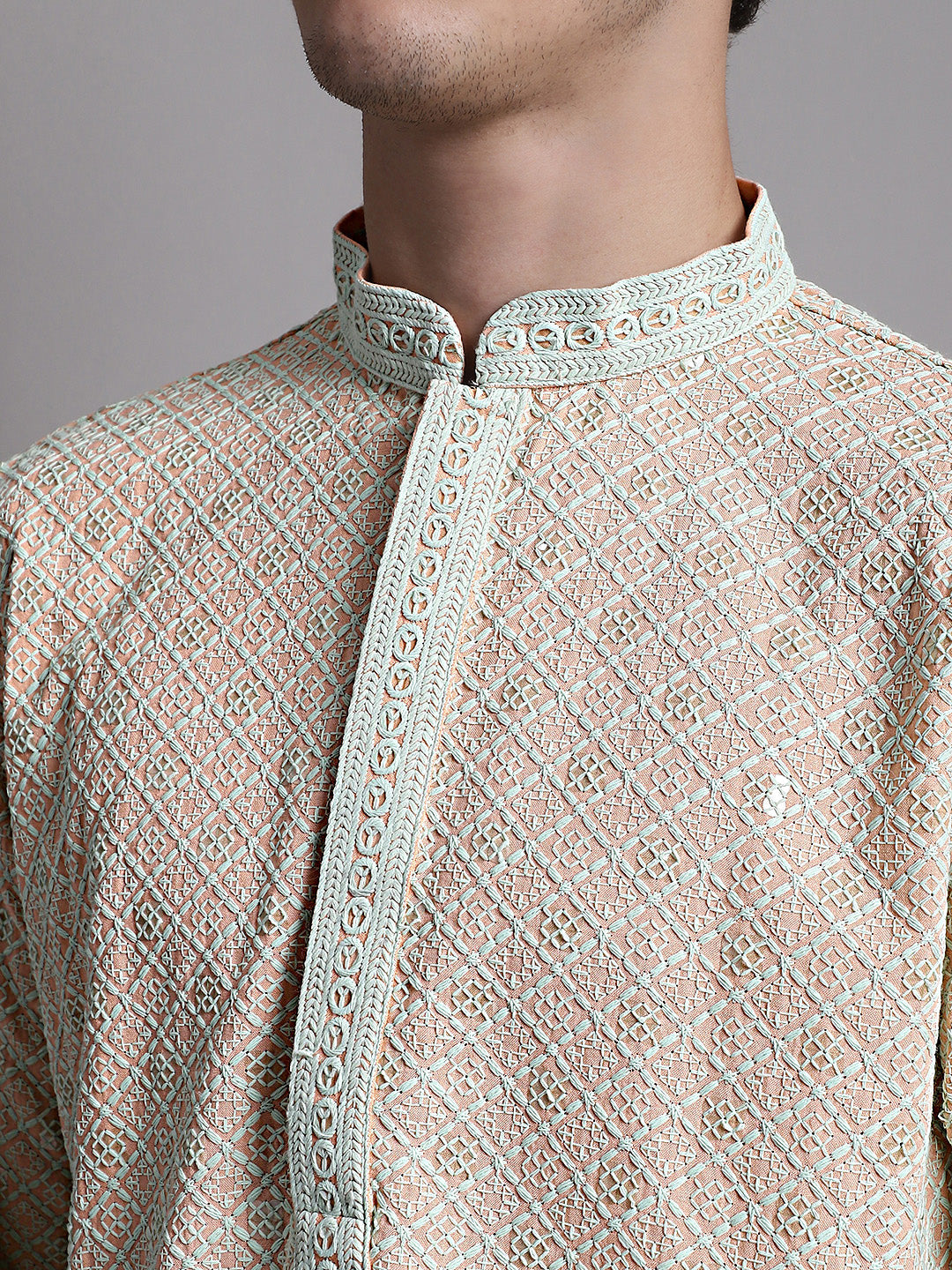 Jompers Men's Peach Chikankari Embroidered and Sequence Kurta - Distacart
