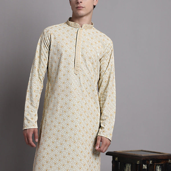 Jompers Men's Light Green Chikankari Embroidered and Sequence Kurta - Distacart