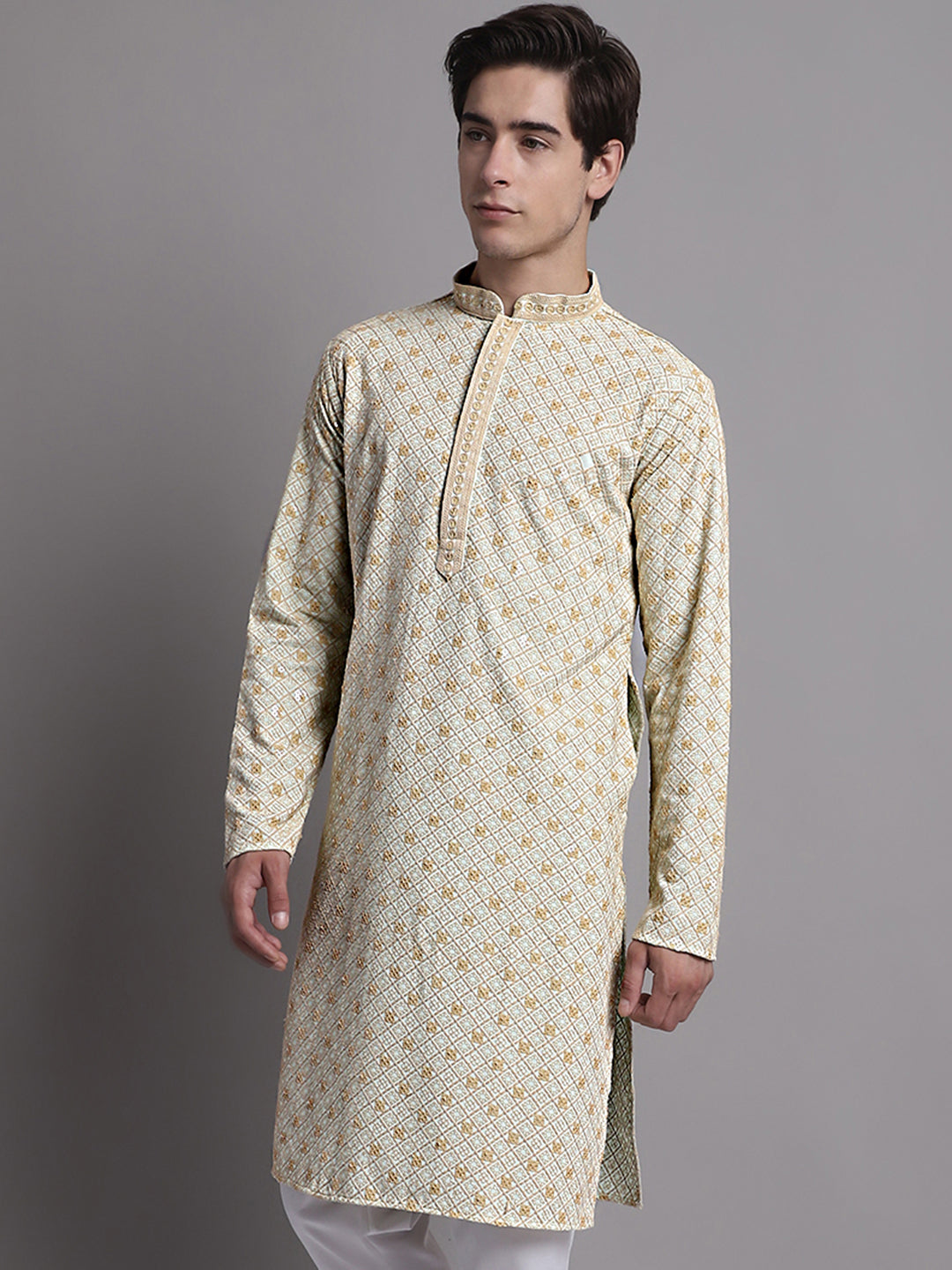 Jompers Men's Light Green Chikankari Embroidered and Sequence Kurta - Distacart