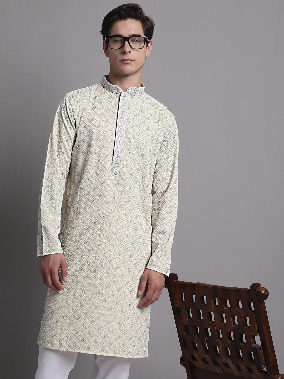Jompers Men's Yellow Chikankari Embroidered and Sequence Kurta - Distacart