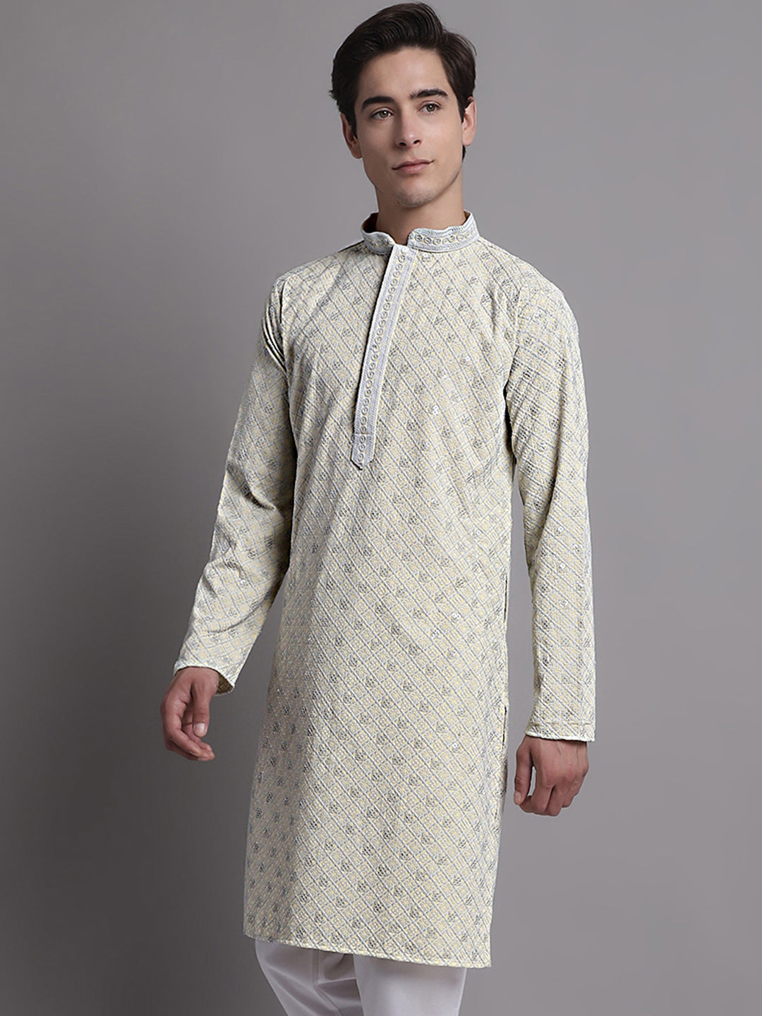 Jompers Men's Yellow Chikankari Embroidered and Sequence Kurta - Distacart