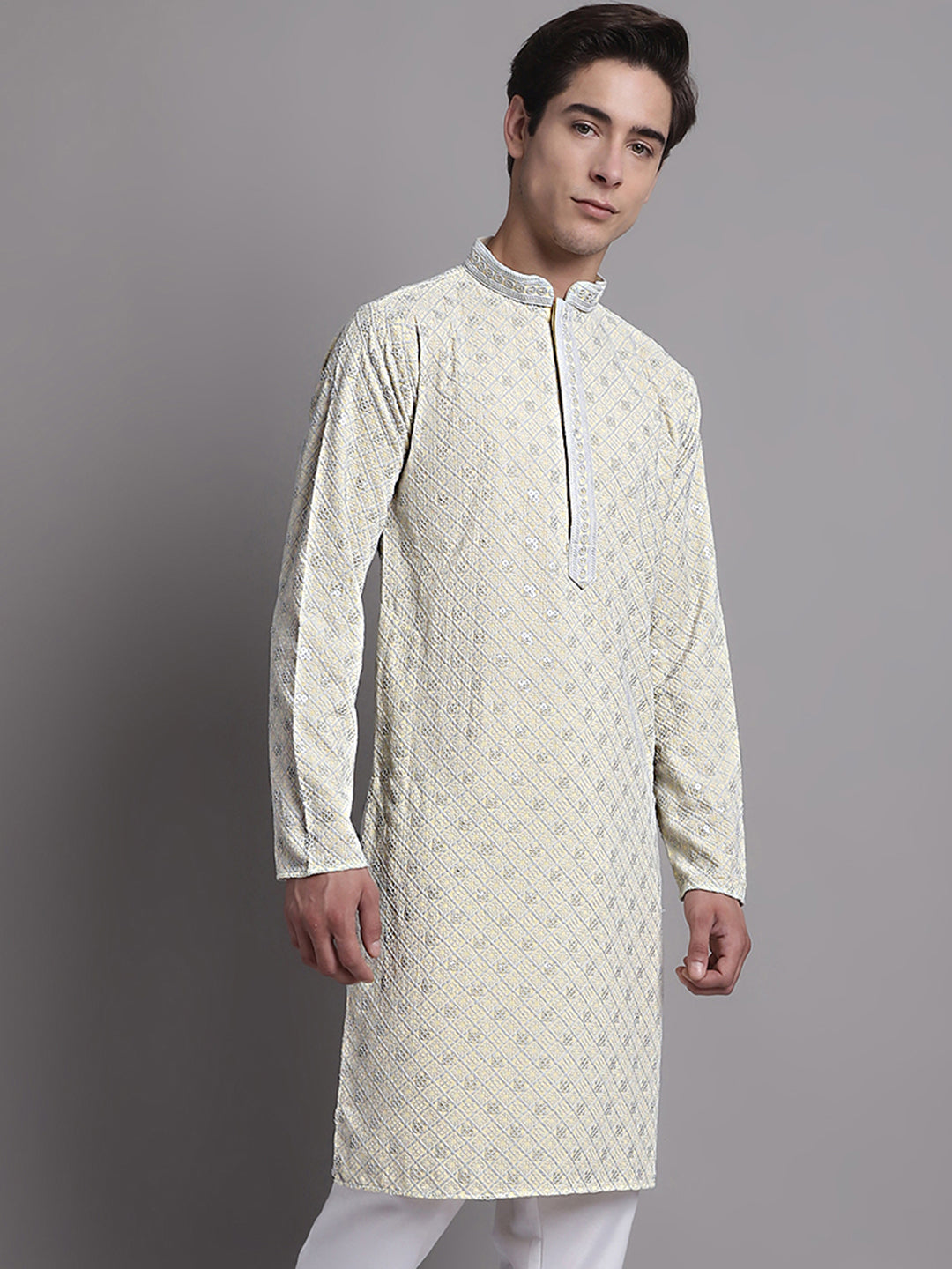 Jompers Men's Yellow Chikankari Embroidered and Sequence Kurta - Distacart