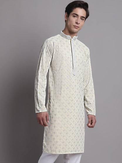 Jompers Men's Yellow Chikankari Embroidered and Sequence Kurta - Distacart
