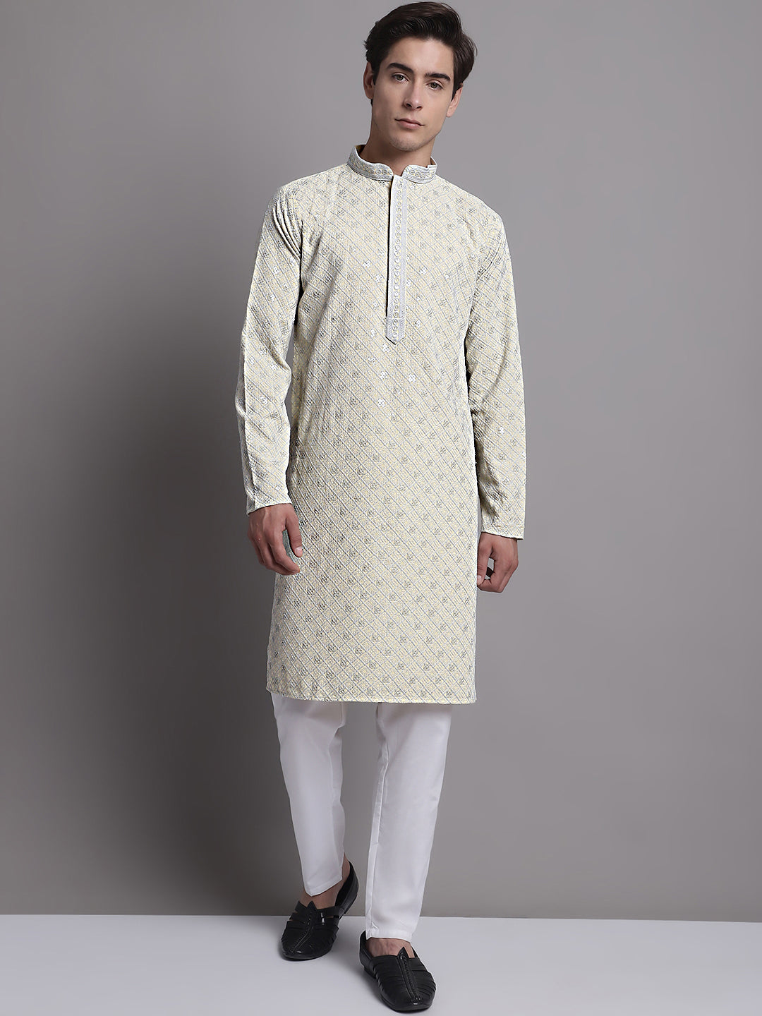 Jompers Men's Yellow Chikankari Embroidered and Sequence Kurta - Distacart