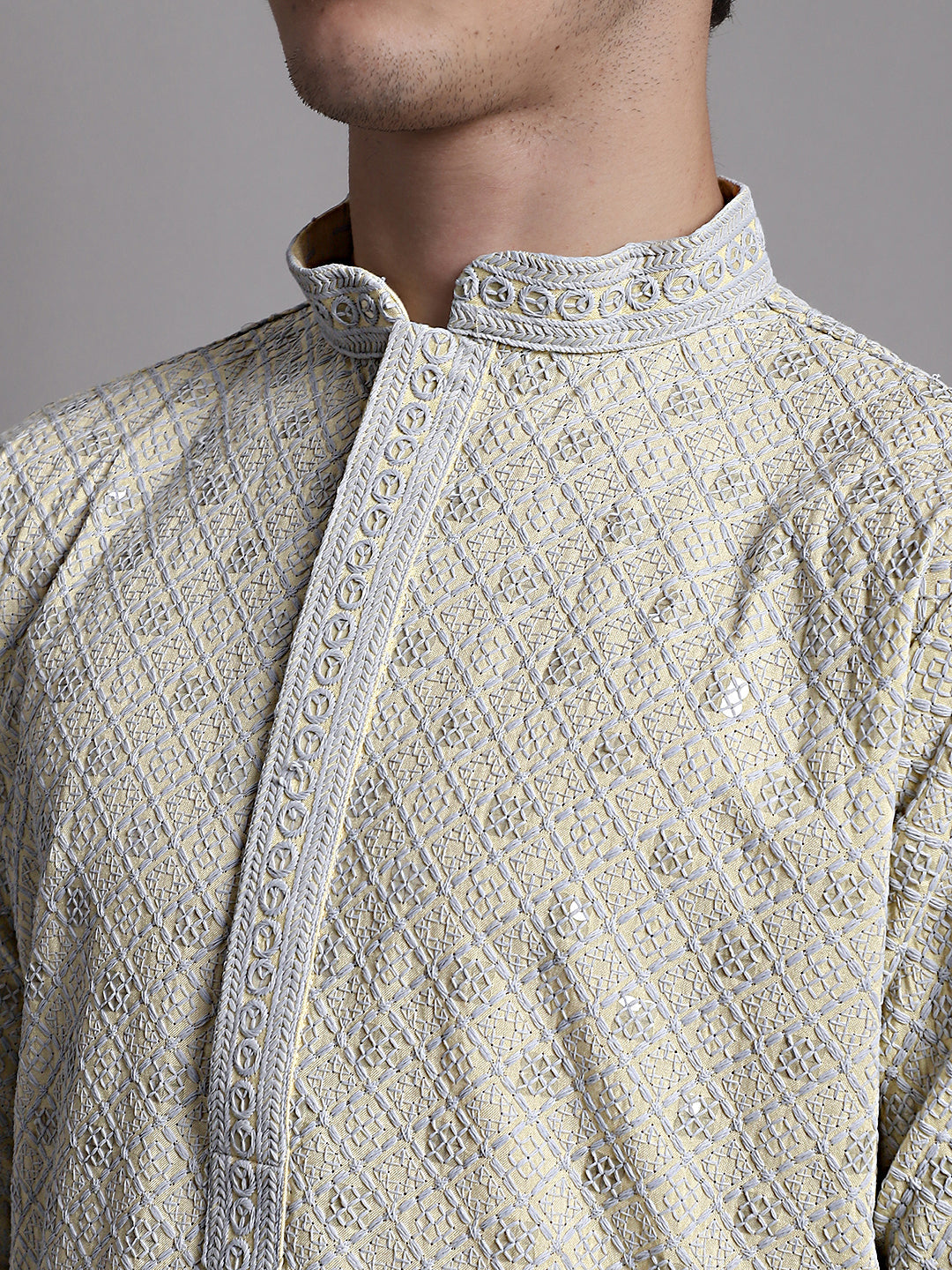 Jompers Men's Yellow Chikankari Embroidered and Sequence Kurta - Distacart
