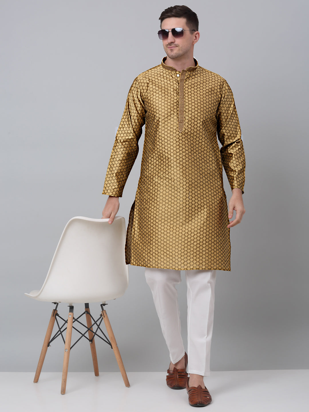 Jompers Men's Mustard Collar Embroidered Kurta - Distacart
