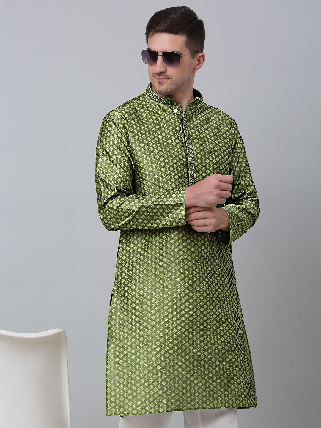 Jompers Men's Olive Green Collar Embroidered Kurta - Distacart