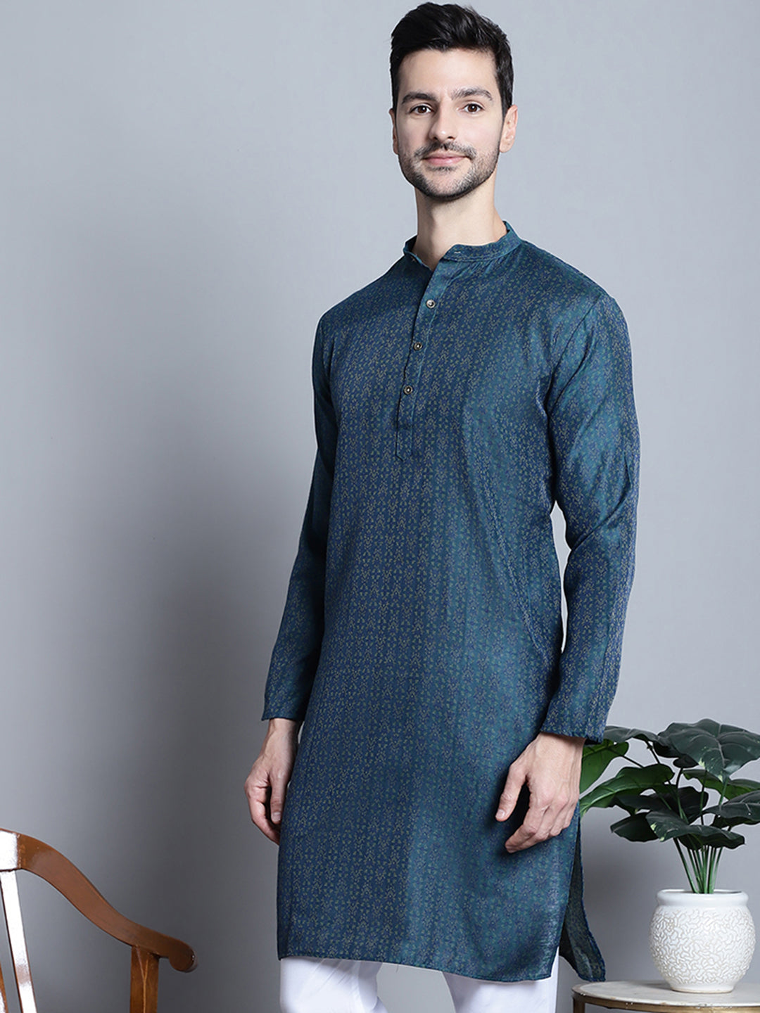 Jompers Men's Navy Blue Woven Design Kurta Only - Distacart