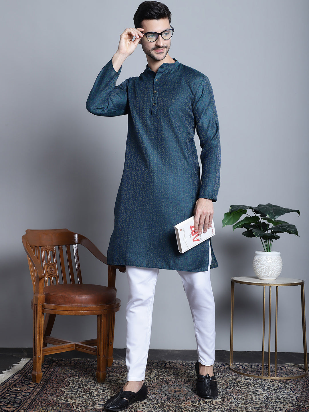 Jompers Men's Navy Blue Woven Design Kurta Only - Distacart