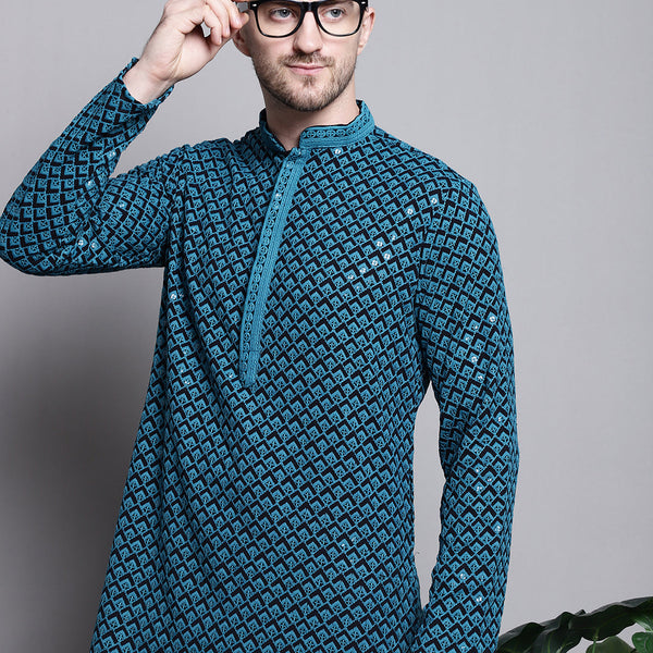 Jompers Men's Sequin Embroidered Pure Cotton Kurta - Blue - Distacart