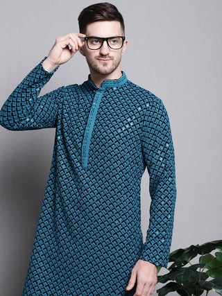 Jompers Men's Sequin Embroidered Pure Cotton Kurta - Blue - Distacart