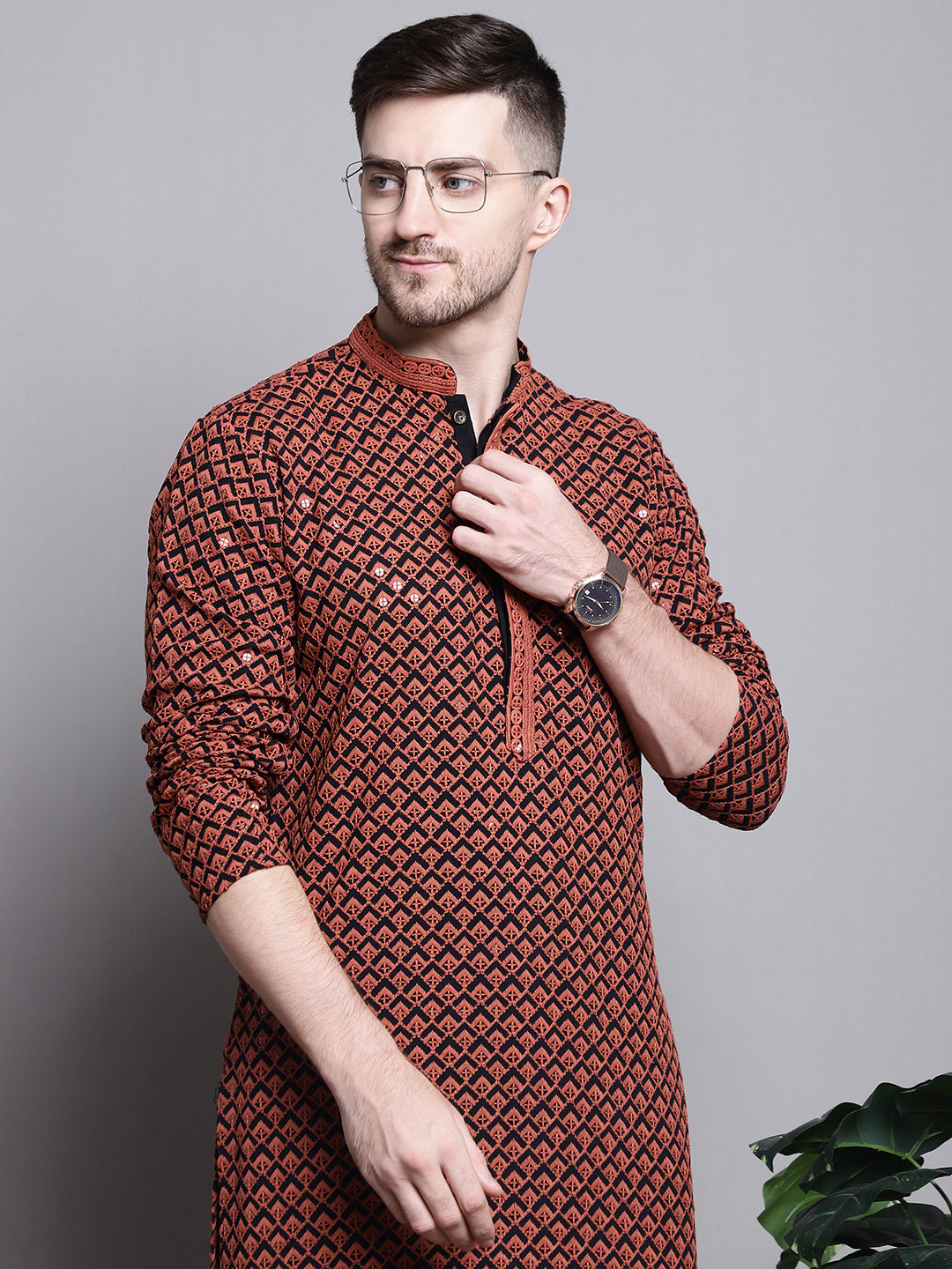 Jompers Men's Sequin Embroidered Pure Cotton Kurta - Orange - Distacart