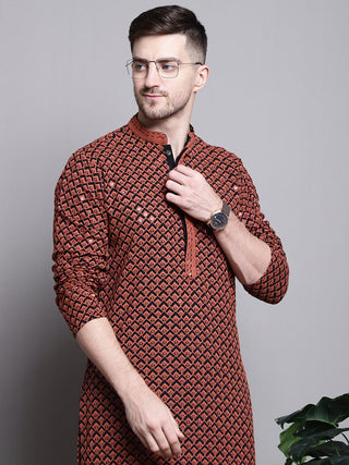 Jompers Men's Sequin Embroidered Pure Cotton Kurta - Orange - Distacart