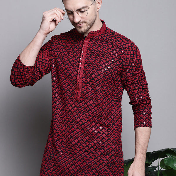 Jompers Men's Sequin Embroidered Pure Cotton Kurta - Red - Distacart