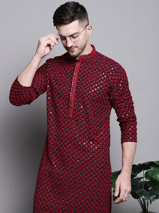 Jompers Men's Sequin Embroidered Pure Cotton Kurta - Red - Distacart