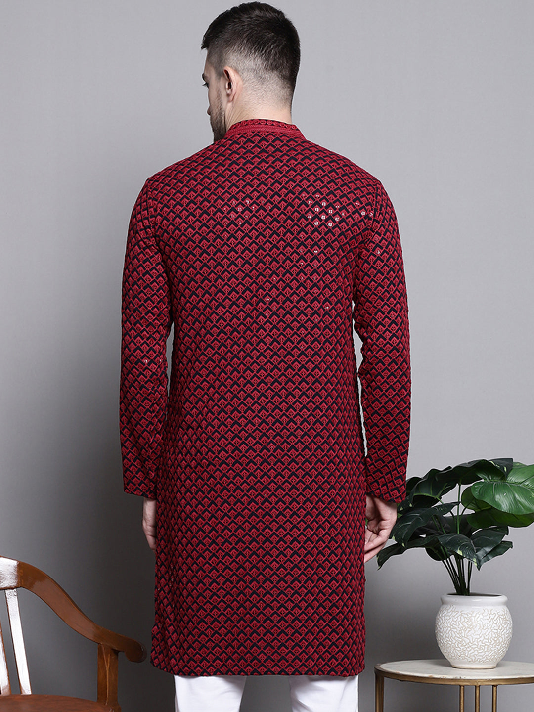 Jompers Men's Sequin Embroidered Pure Cotton Kurta - Red - Distacart