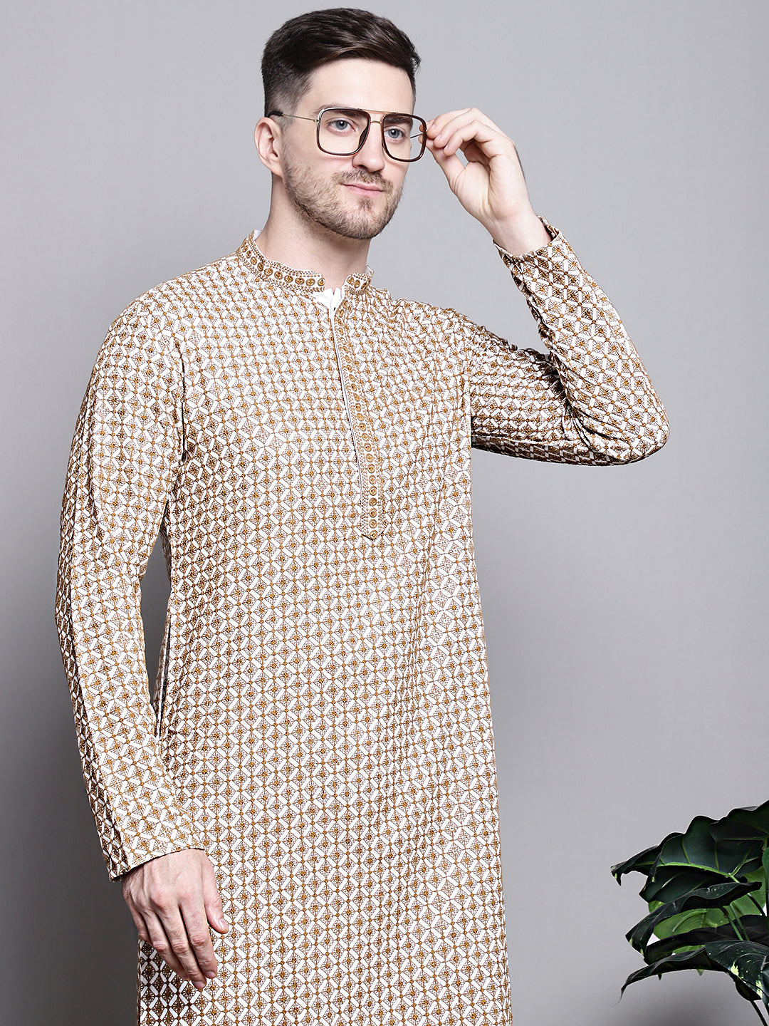 Jompers Men's Sequin Embroidered Pure Cotton Kurta - Cream - Distacart