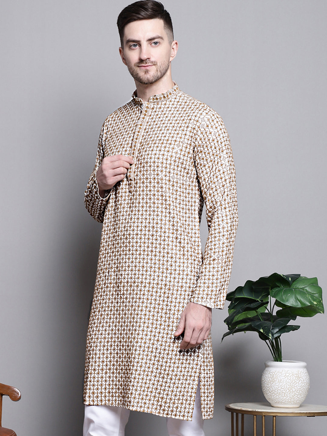 Jompers Men's Sequin Embroidered Pure Cotton Kurta - Cream - Distacart