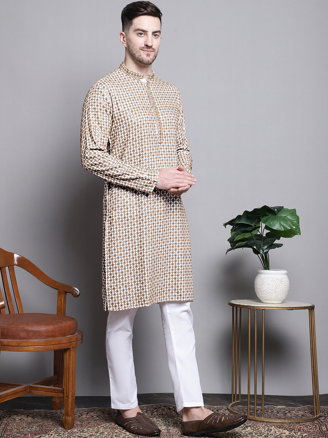 Jompers Men's Sequin Embroidered Pure Cotton Kurta - Cream - Distacart