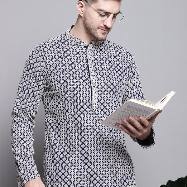 Jompers Men's Sequin Embroidered Pure Cotton Kurta - Navy Blue - Distacart