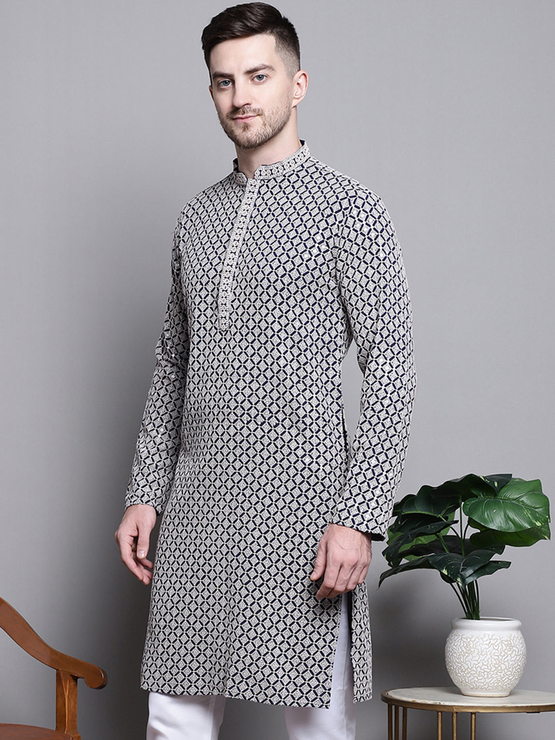 Jompers Men's Sequin Embroidered Pure Cotton Kurta - Navy Blue - Distacart